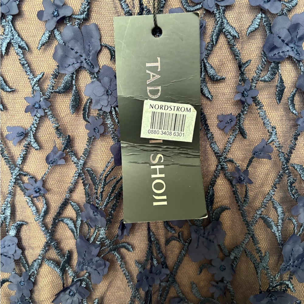 Tadashi Shoji Navy Blue Floral Appliqué Long Sleeve Dress - Picture 4 of 6